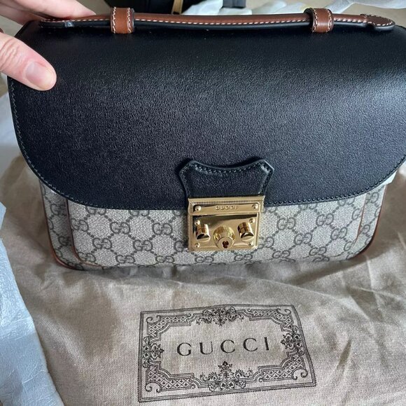 Gucci Tri Color Padlock Supreme Shoulder Bag Leather Handbag Gold Black Brown NW - Picture 3 of 10